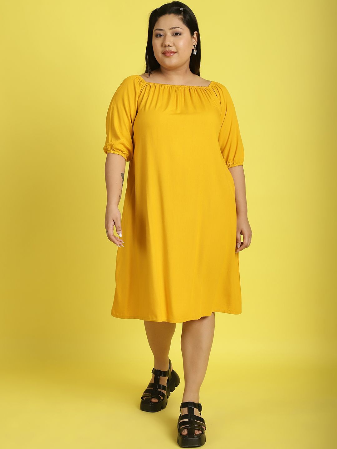 

theRebelinme Off-Shoulder A-Line Midi Dress, Mustard