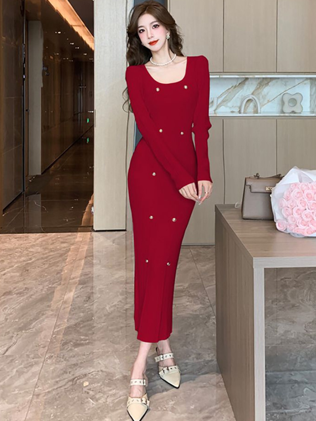 

StyleCast x Revolte Applique Bodycon Maxi Dress, Red
