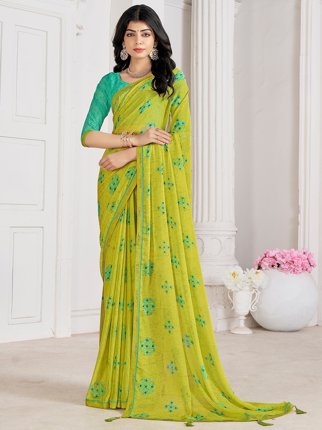 

Panzora Floral Beads and Stones Poly Chiffon Designer Saree, Green