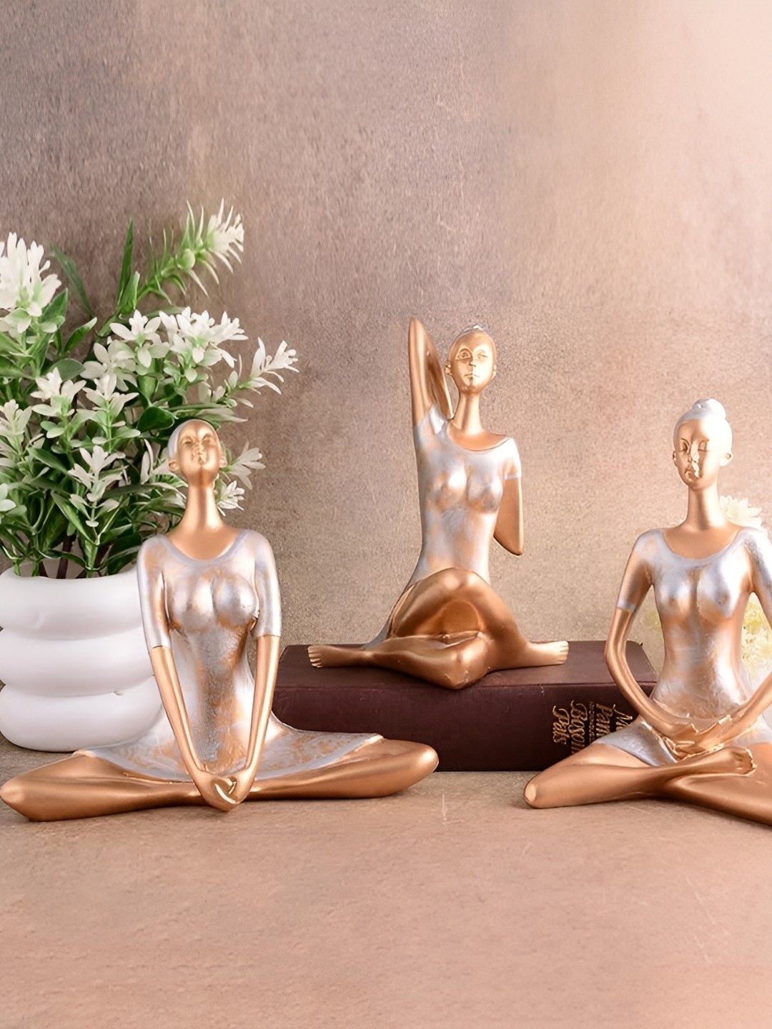 

Zart Gold-Toned & White 3 Pieces Textured Yoga Lady Showpiece