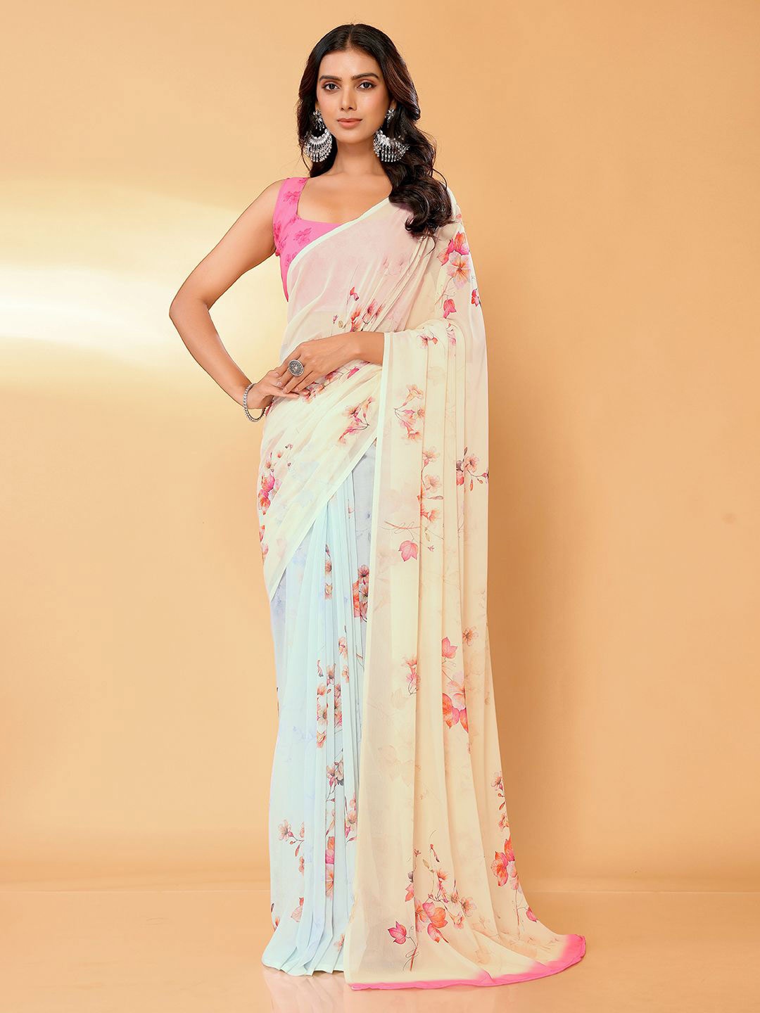 

KALINI Women's Georgette Floral Printed Daily Wear Saree with Blouse Piece, Peach