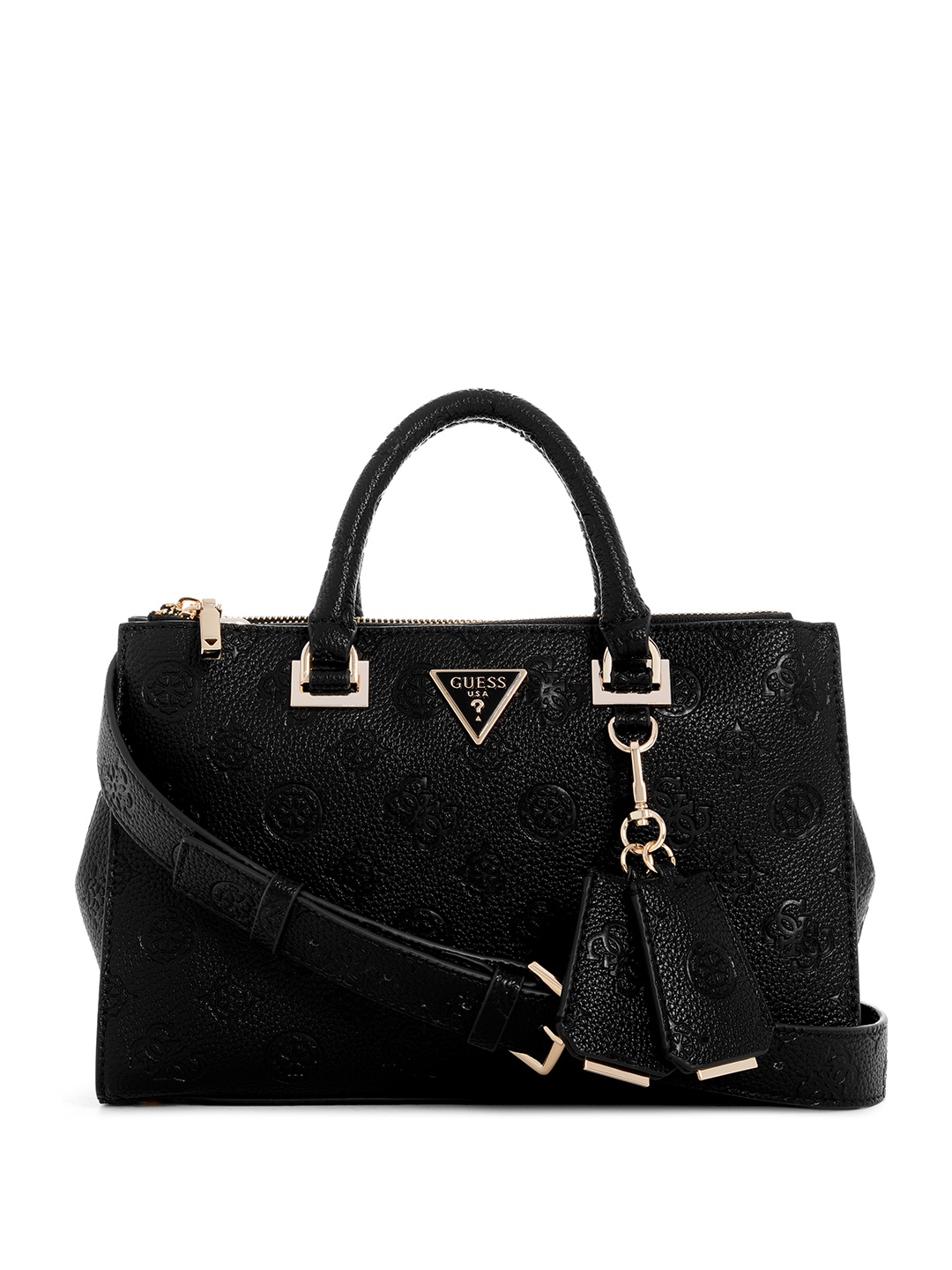 

GUESS Brand Logo Textured Structured Handheld Bag, Black