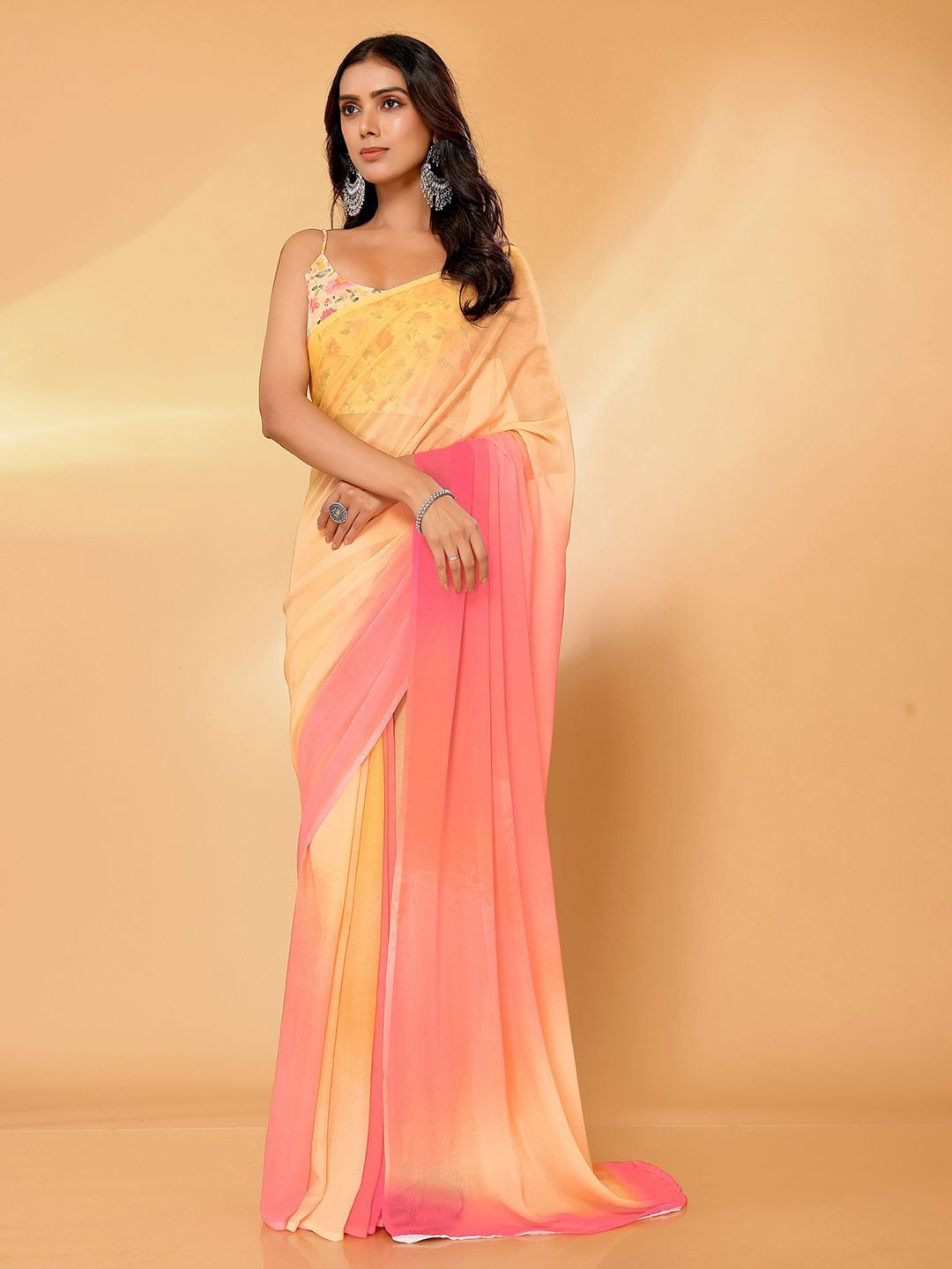 

KALINI Ombre Poly Georgette Saree, Yellow