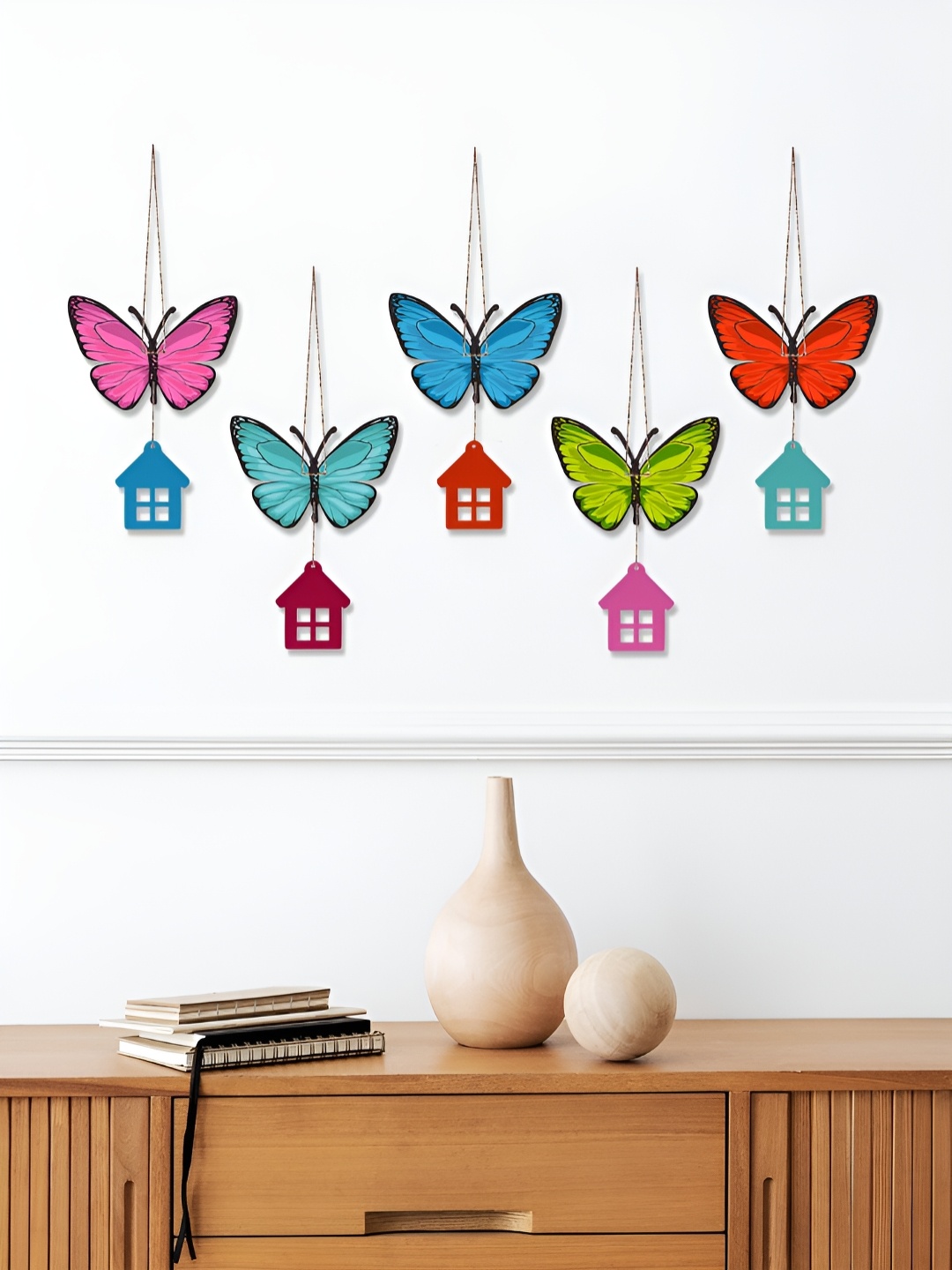 

ArtVibes Set Of 5 Printed Butterfly Wooden Wall Hanging, Multi