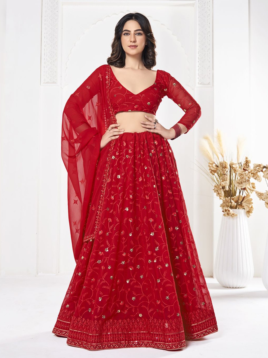 

Warthy Ent Embroidered Thread Work Semi-Stitched Lehenga & Unstitched Blouse With Dupatta, Red