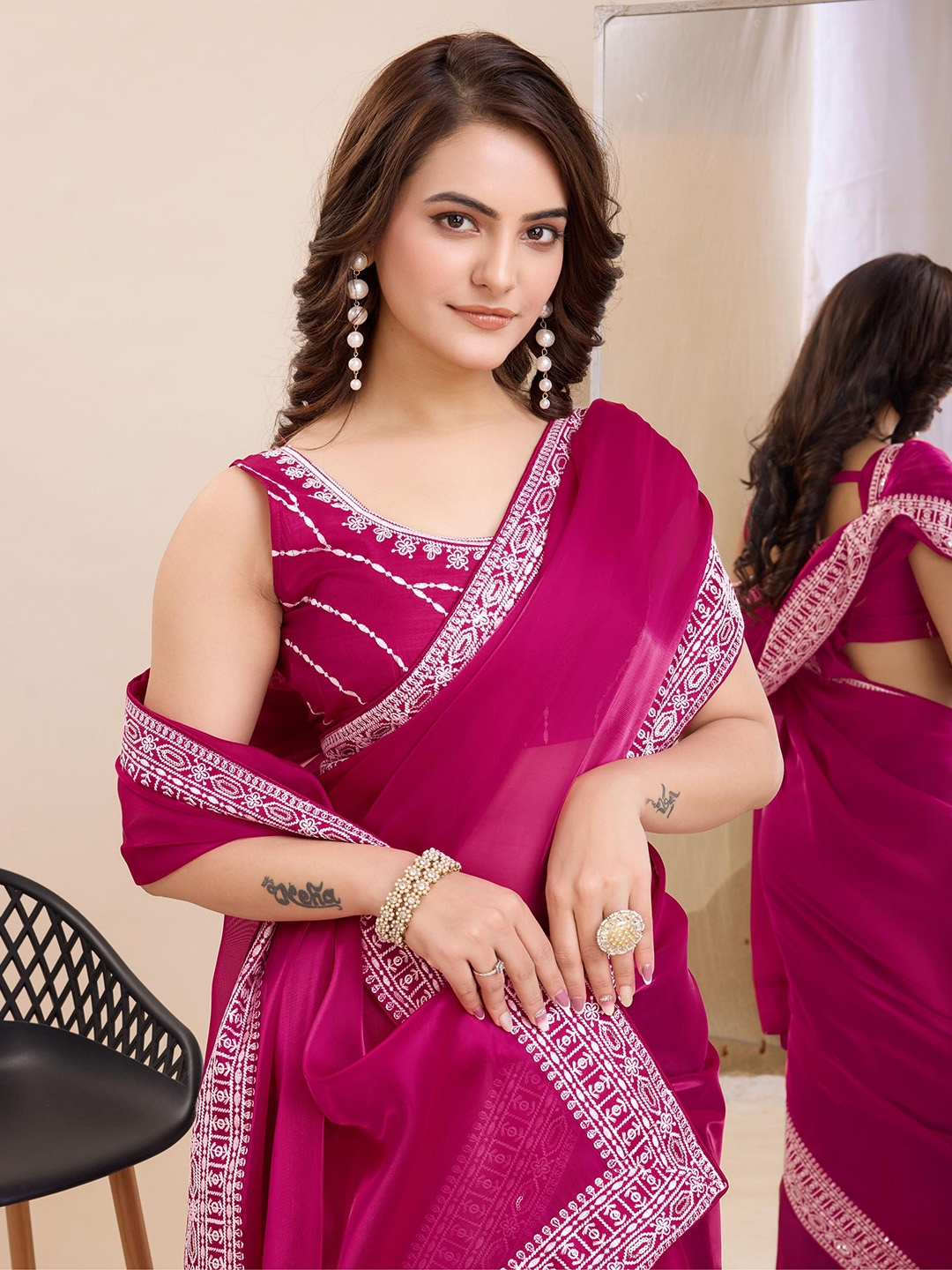 

HERE&NOW Embroidered Ready to Wear Saree, Rose