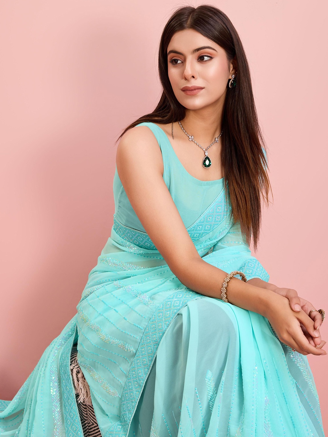 

HERE&NOW Ethnic Motifs Sequinned Ready to Wear Saree, Blue