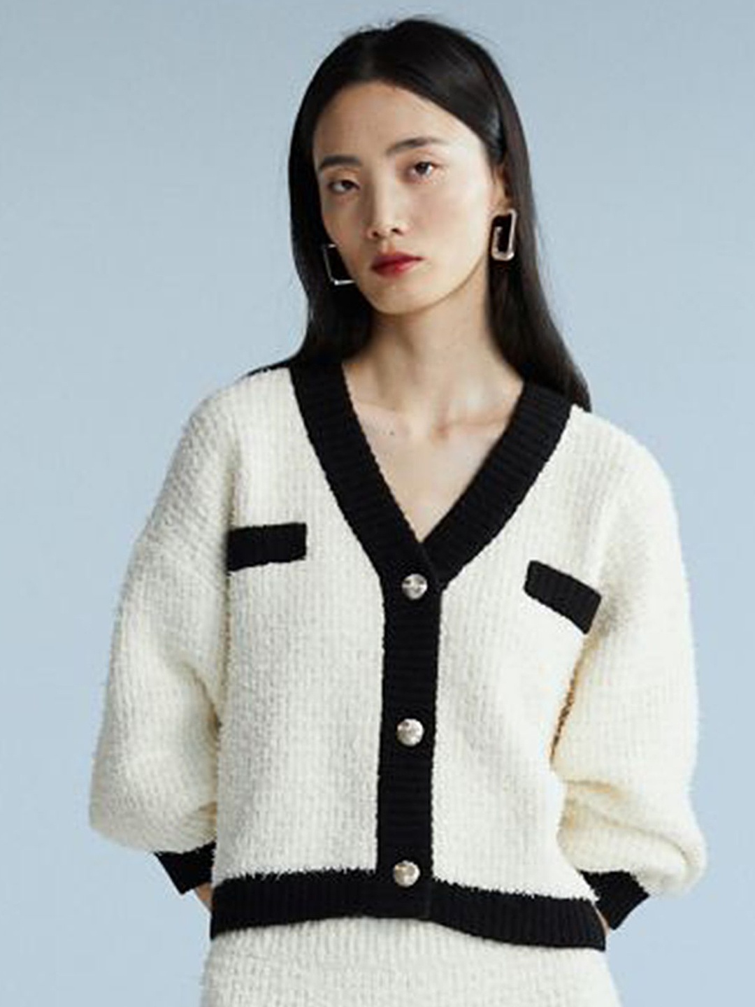 

LULU & SKY Women Colourblocked Ribbed Cardigan, Beige