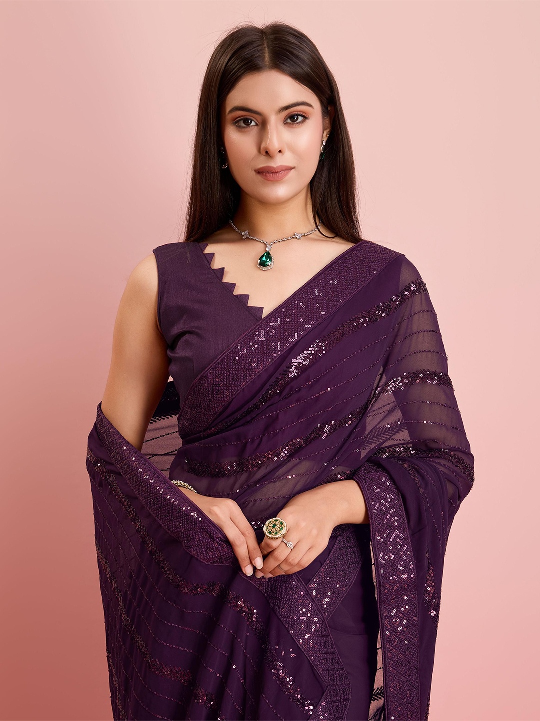

HERE&NOW Embellished Sequinned Poly Georgette Ready to Wear Saree, Magenta