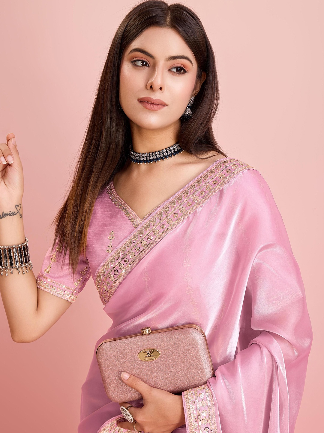 

HERE&NOW Women Sequinned Embroidered Ready to Wear Saree, Pink
