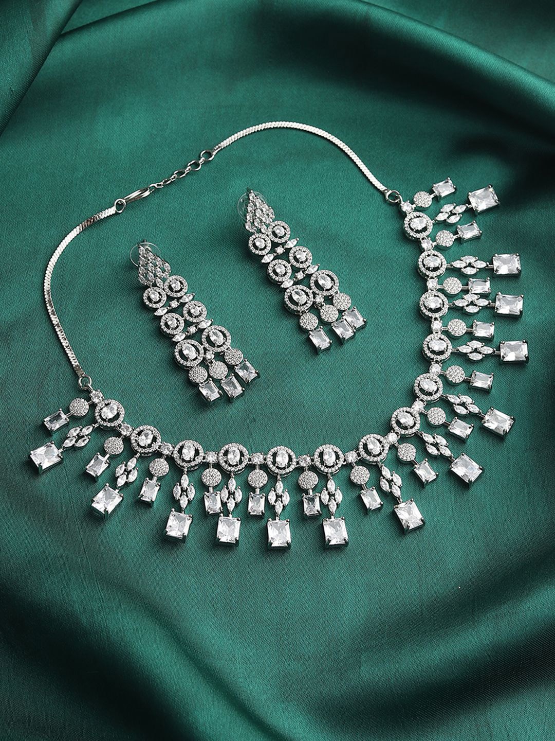 

RHOSYN Rhodium Plated American Diamond Studded Jewellery Set, Silver