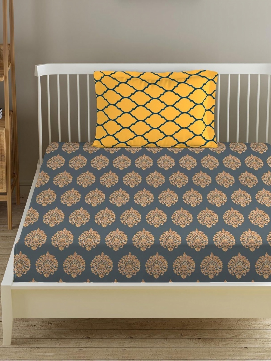 

Trance Home Linen Grey Printed Linen Cotton 200 TC Single Bedsheet Set 1.52 m x 2.54 m