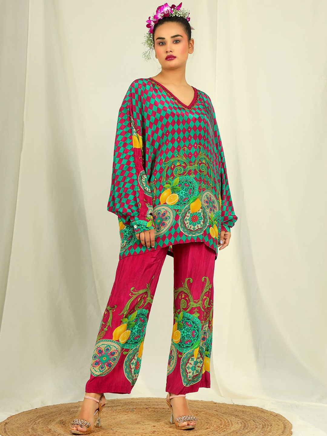 

EARTH O FAB Majolica Lemon Print Tunic With Trousers Co-Ords, Pink