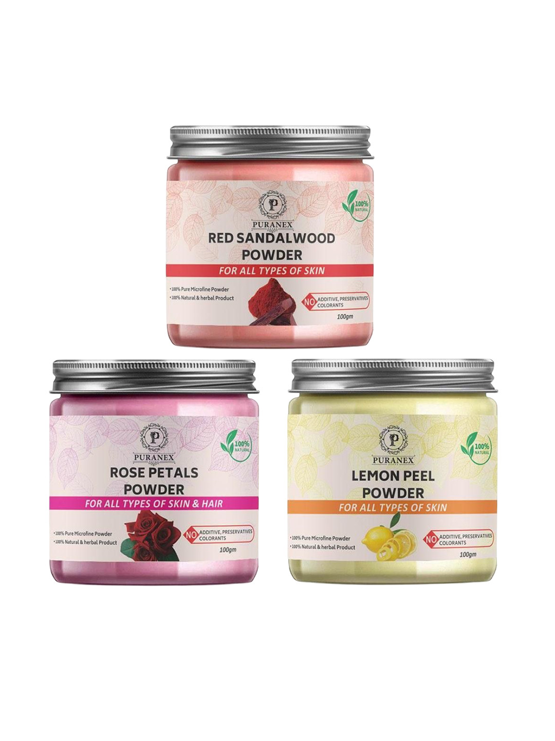

Puranex Set Of 3 Lemon Peel, Rose Petal & Red Sandal Wood Powder - 100 gm Each, White