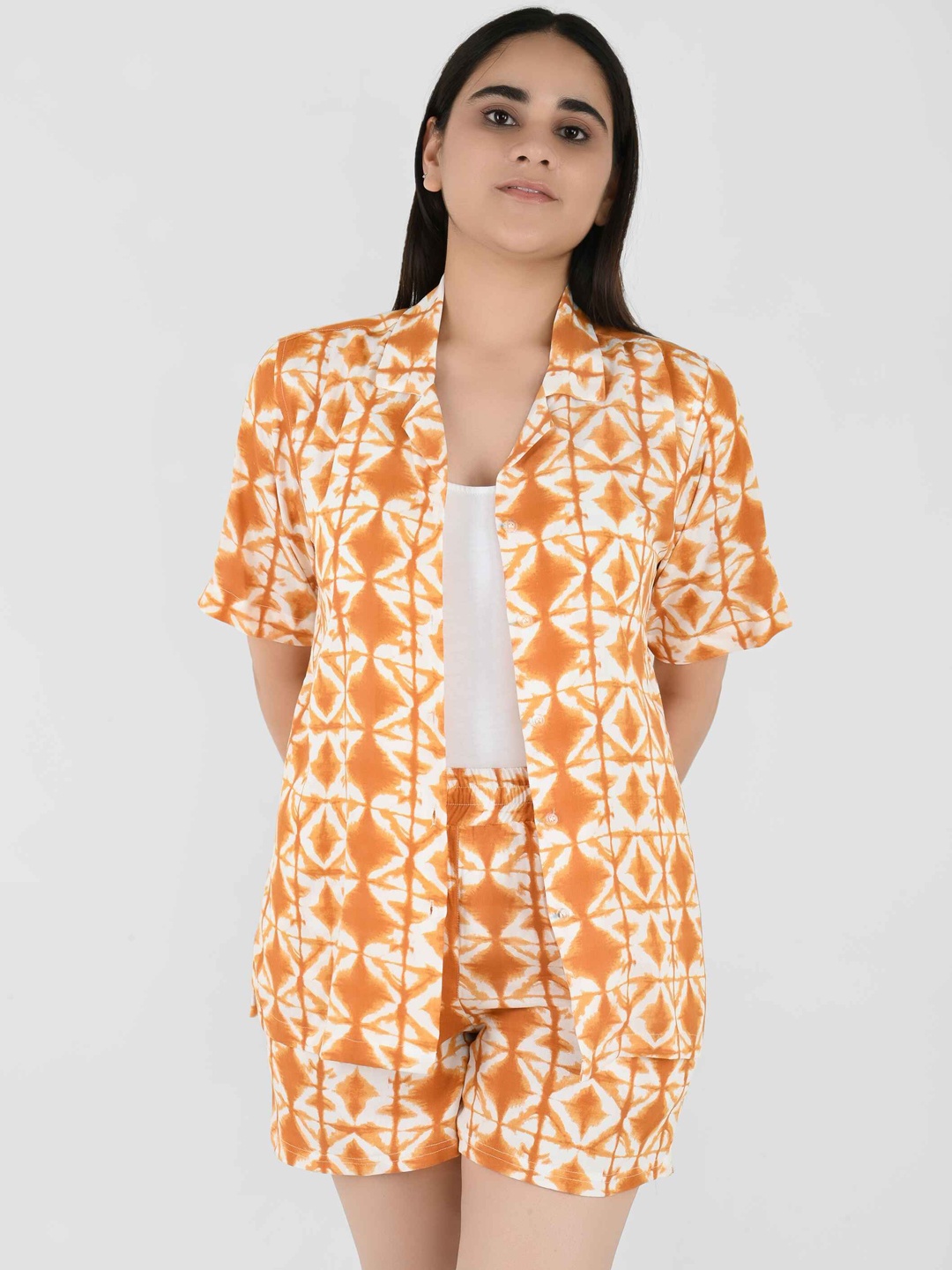 

Blissence Tie and Dye Lapel Collar Swimwear Cover up Set, Mustard