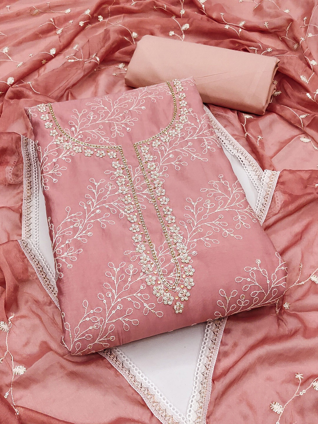 

Maroosh Floral Embroidered Beads and Stones Unstitched Dress Material, Peach