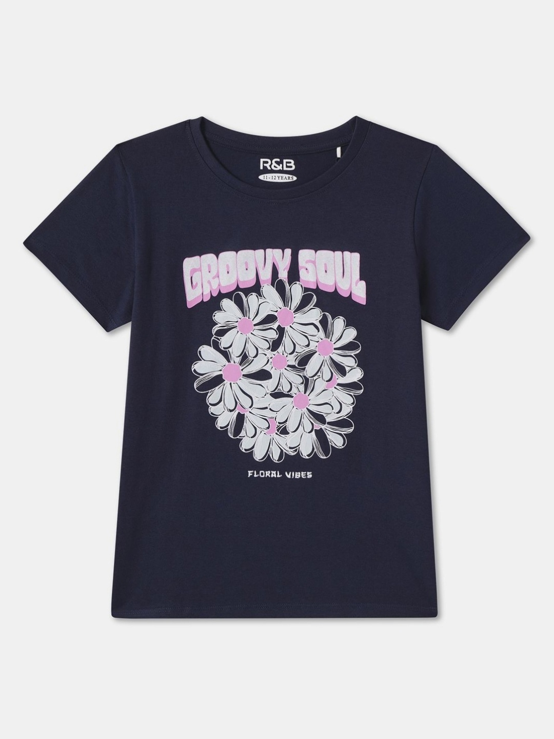 

R&B Girls Floral Printed Round Neck Cotton T-shirt, Navy blue