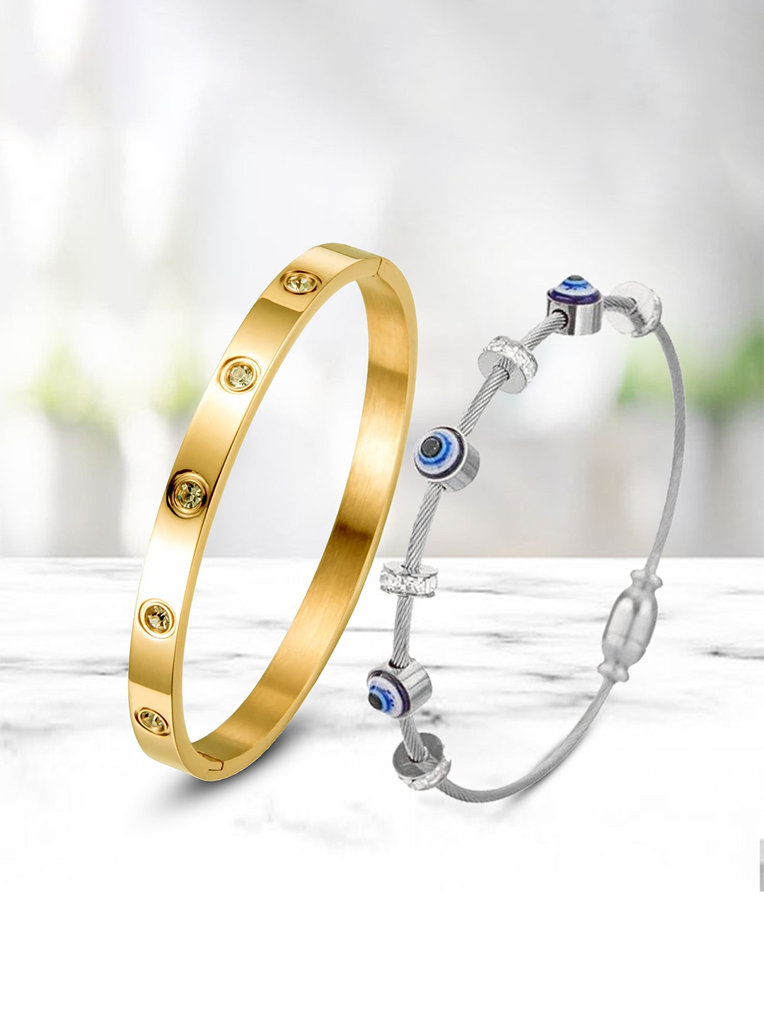 

MEENAZ Set Of 2 Gold-Plated AD Studded Stainless Steel Anti Tarnish Kada Bracelet