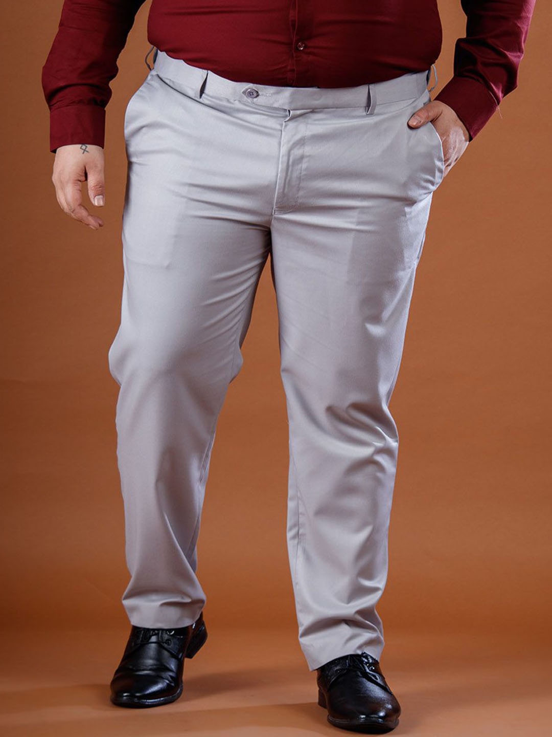 

Muffynn Men Cotton Relaxed Straight Leg Straight Fit Plus Size Formal Trousers, Grey