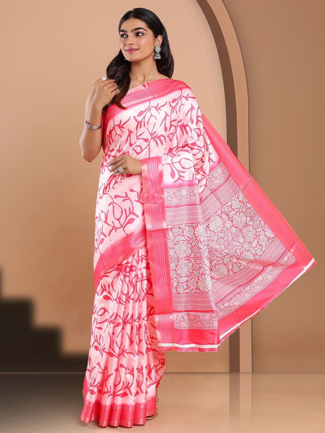 

Kalyan Silks Floral Zari Jute Silk Tussar Saree, Pink