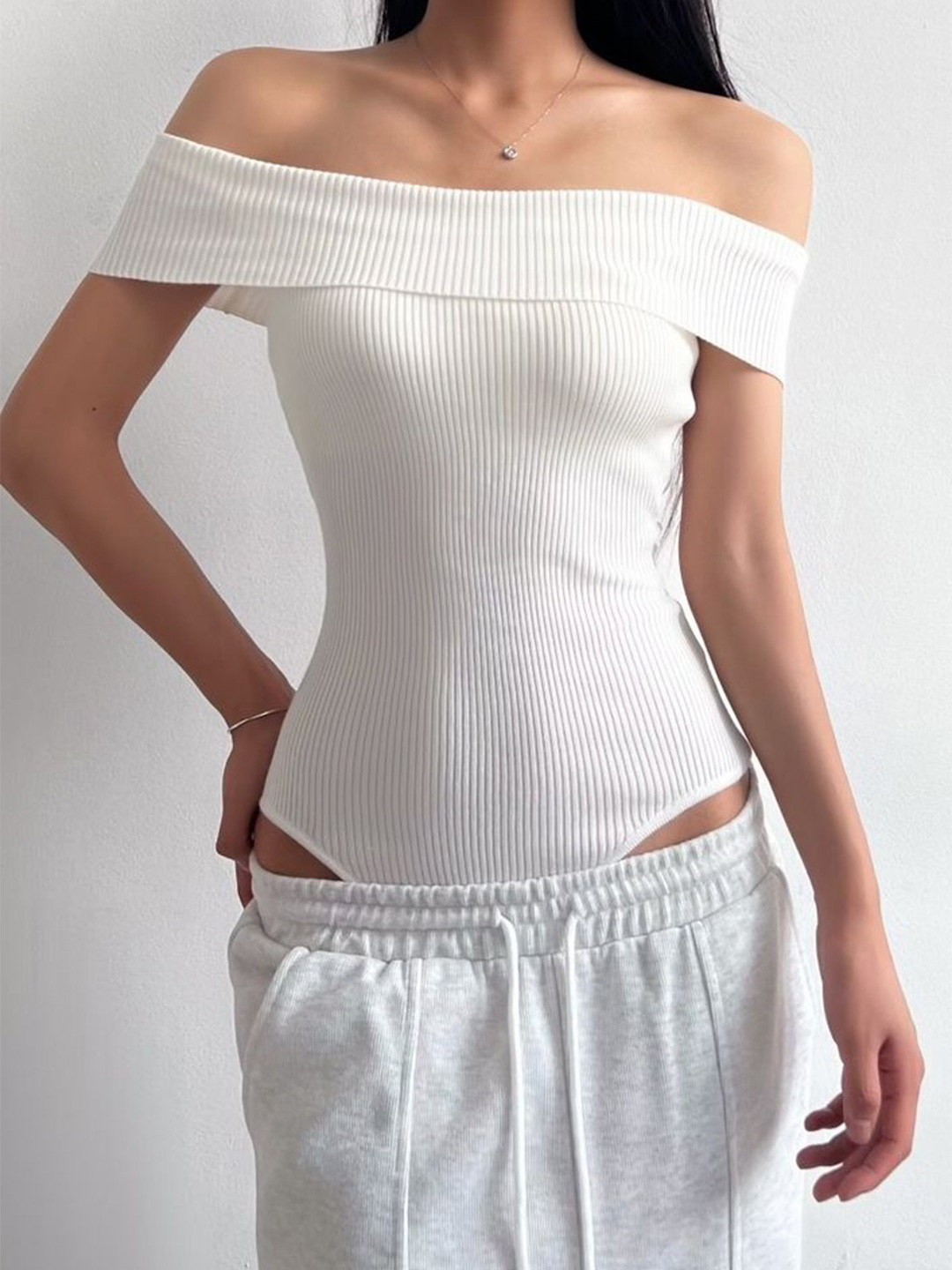 

LULU & SKY Striped Off-Shoulder Bardot Top, White