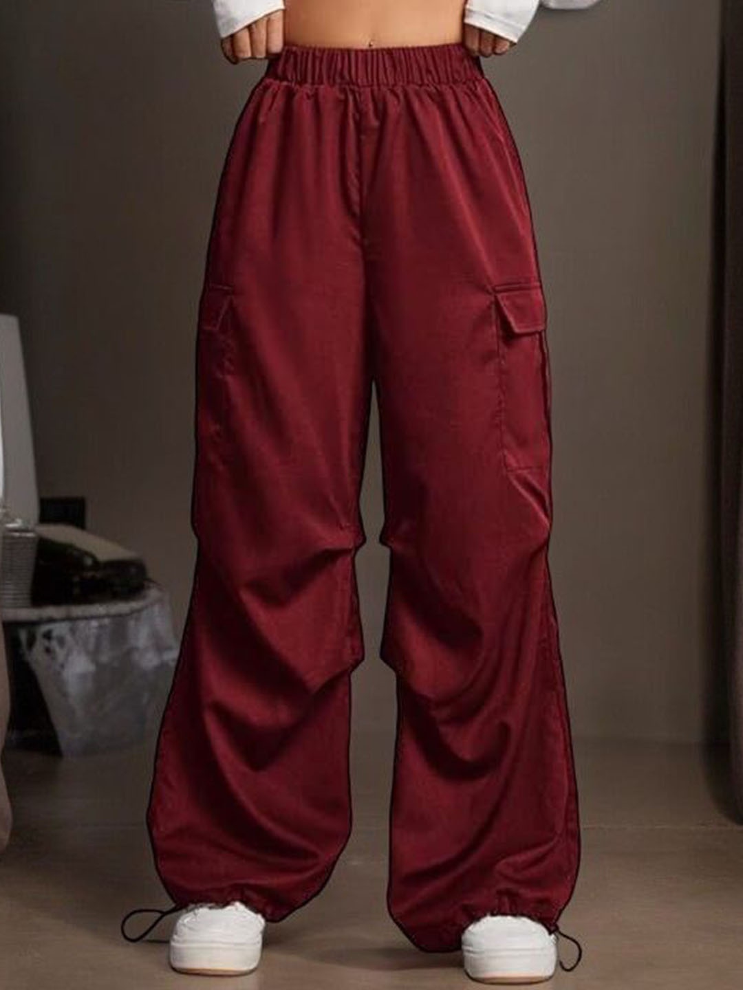 

SAAHASAM Women Striped Relaxed Loose Fit Trousers, Maroon