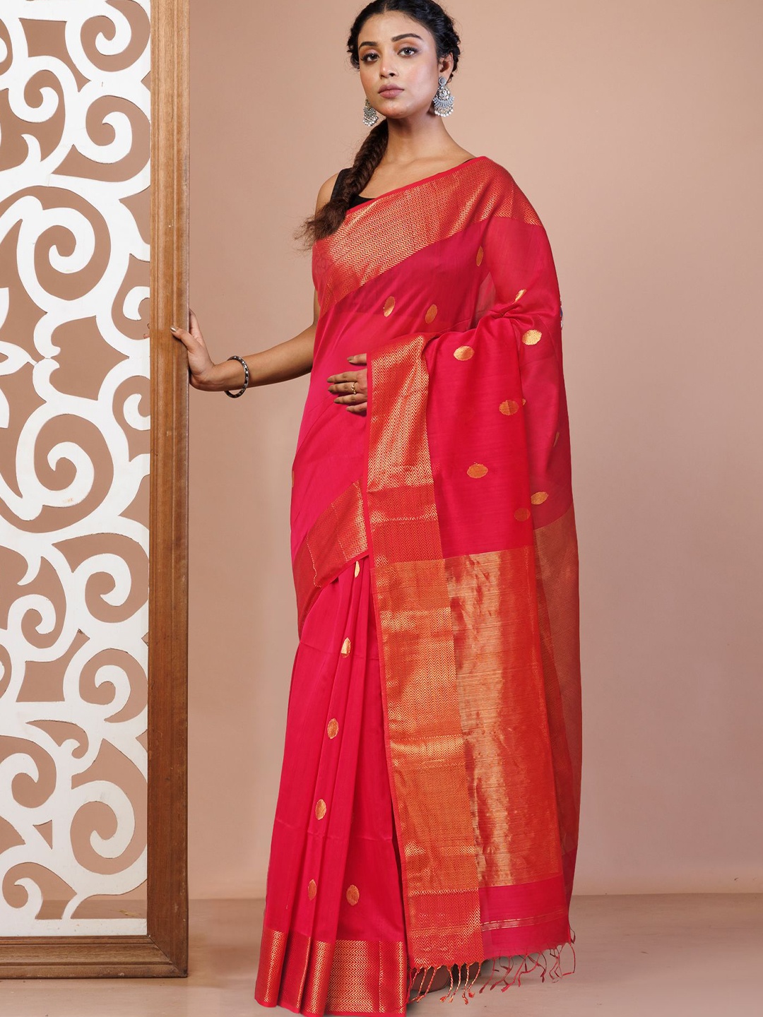 

Unnati Silks Ethnic Motifs Woven Design Zari Maheshwari Saree, Pink