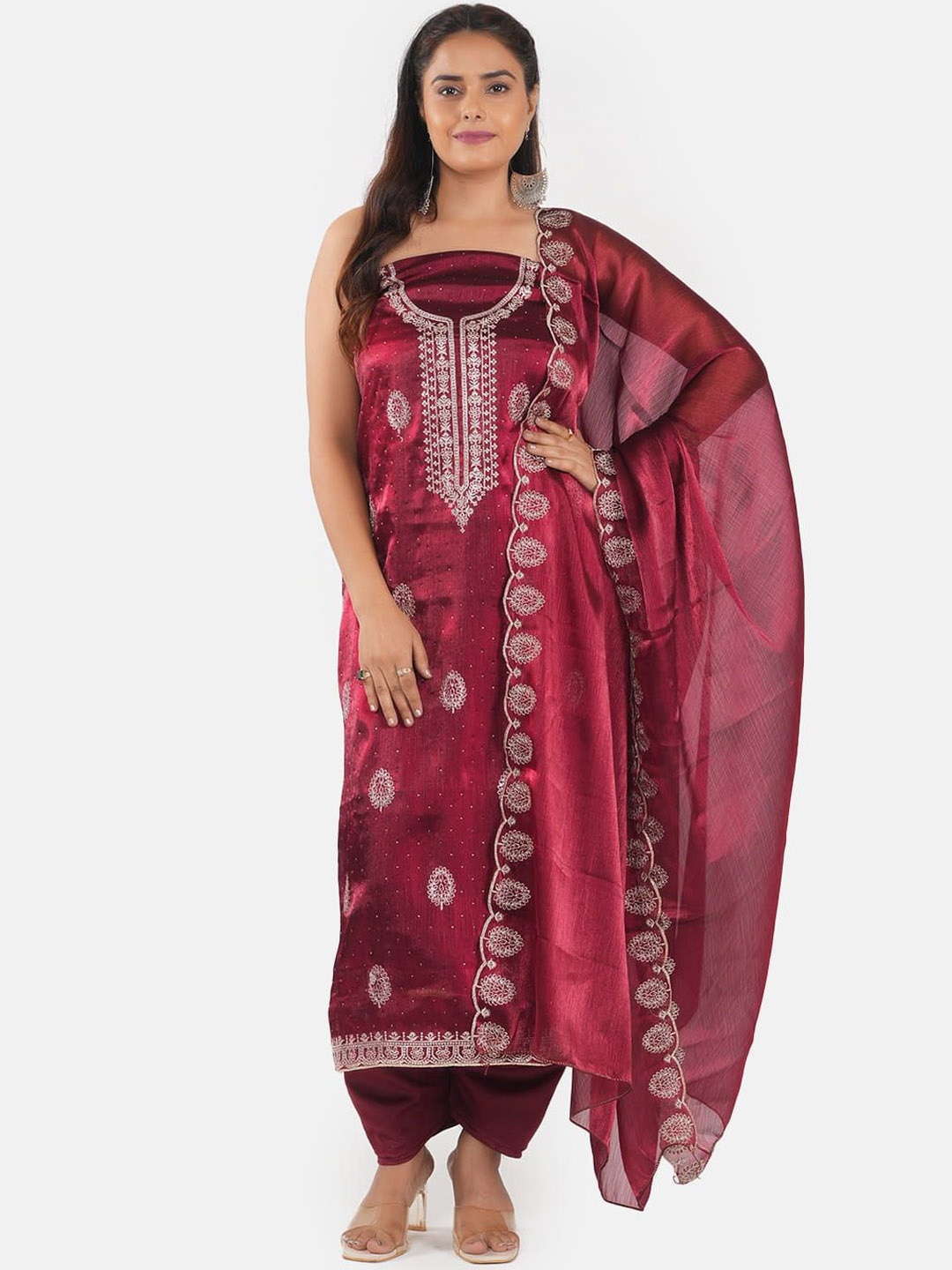 

MOZAFIA Floral Embroidered Zari Unstitched Dress Material, Maroon