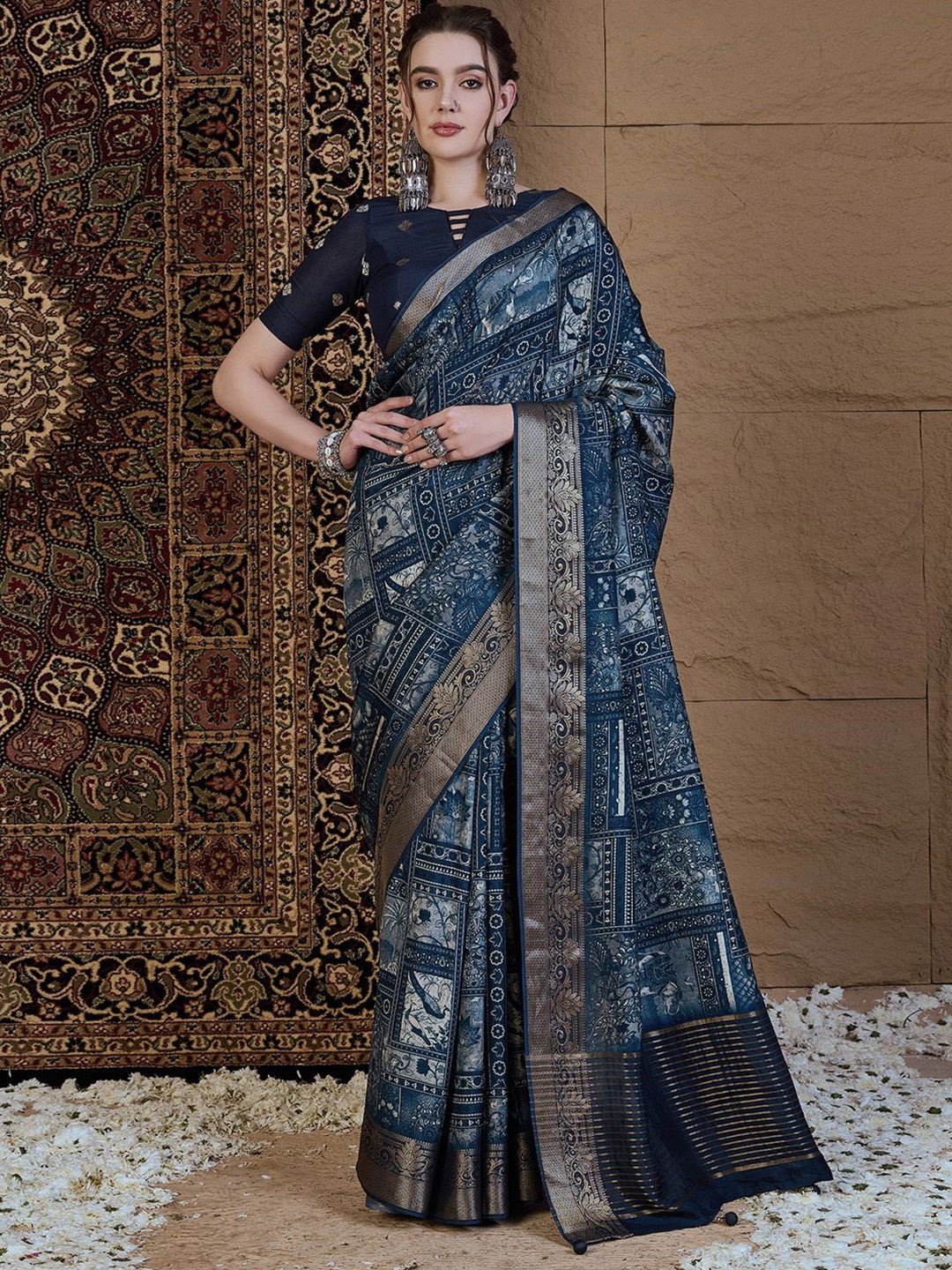 

Anouk Ethnic Motifs Zari Silk Blend Sungudi Saree, Navy blue
