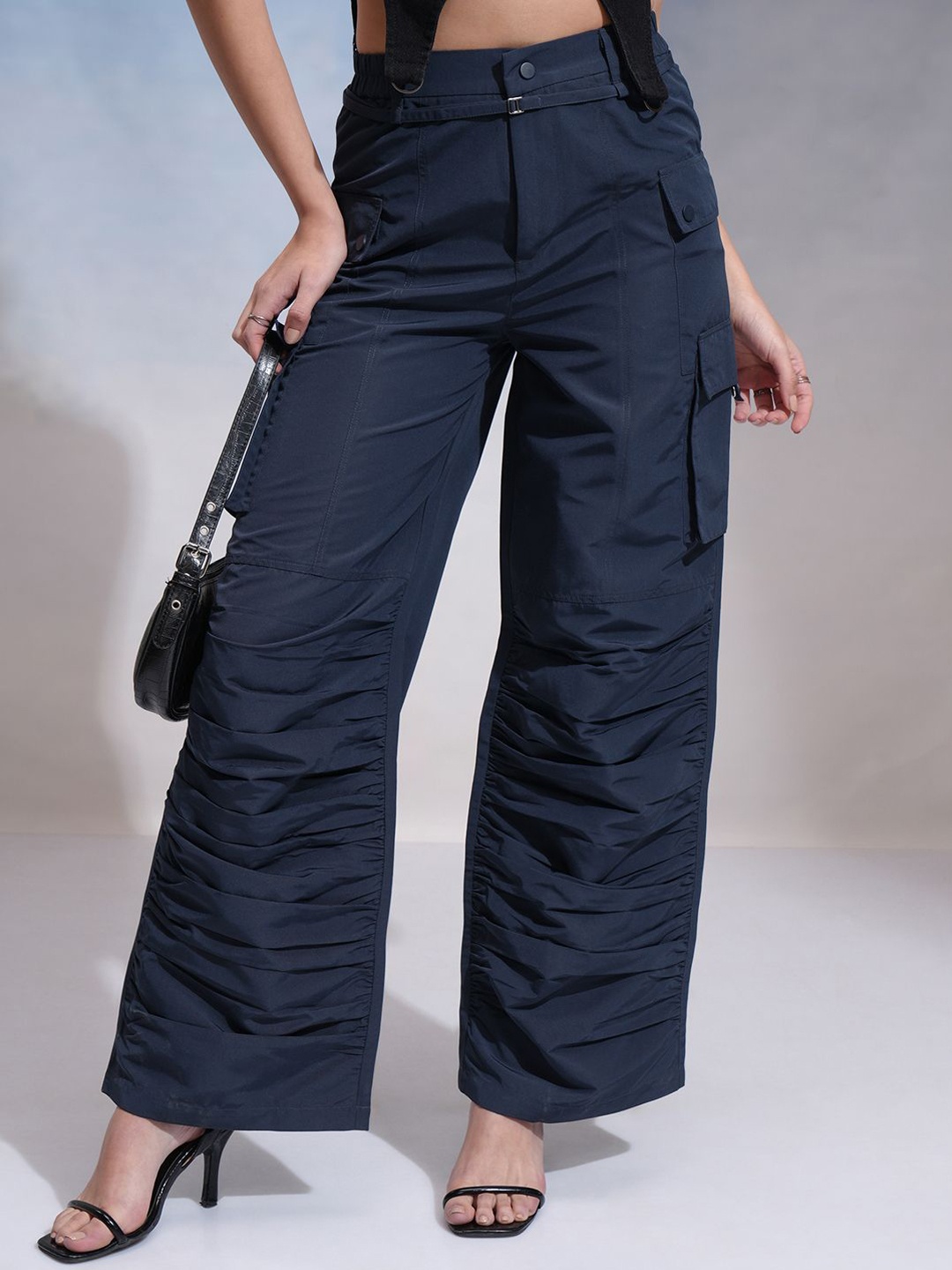 

CHIC BY TOKYO TALKIES Women Flared Pleated Cargos Trousers, Navy blue