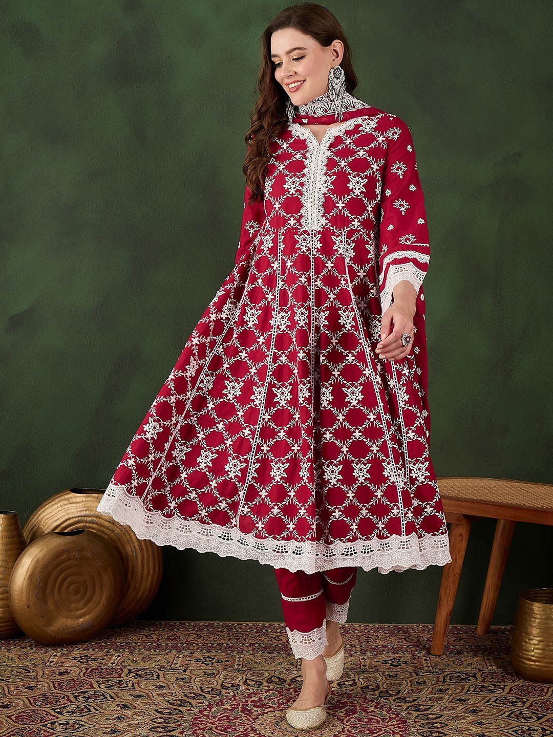 

Sangria Embroidered Pure Cotton Kurta & Trouser With Dupatta, Red