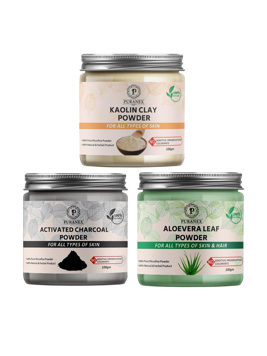 

Puranex Set Of 3 Aloevera, Charcoal Powder & Kaolin Clay Face Pack Powder - 100 g Each, White
