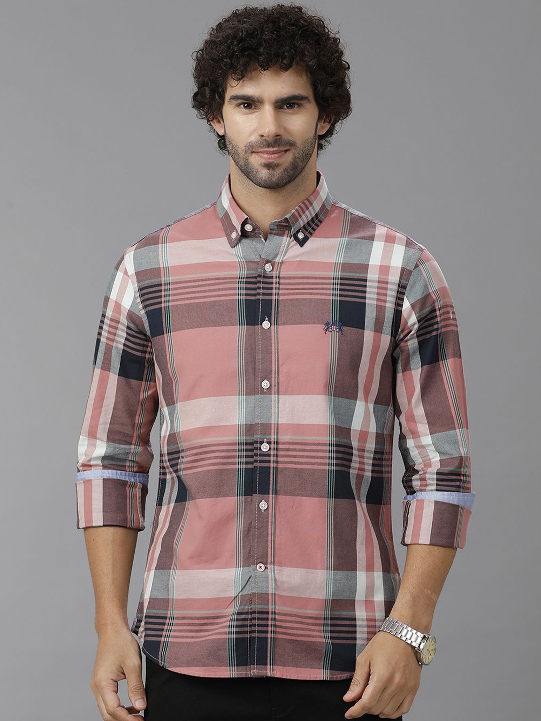 

Double Two Men Comfort Slim Fit Tartan Checks Opaque Checked Casual Shirt, Peach