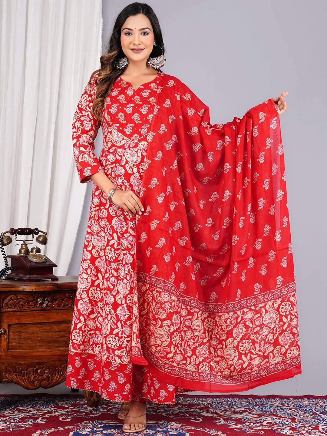 

KALINI Floral Printed Mirror Work Pure Cotton Kurta with Trousers & Dupatta, Red