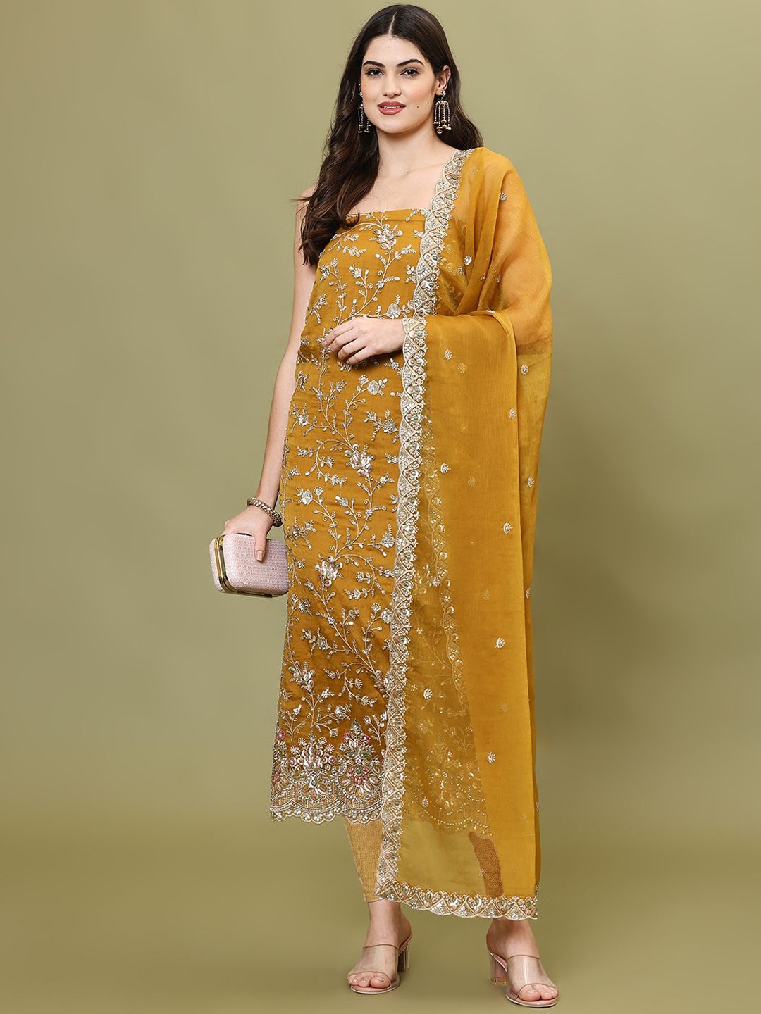 

Meena Bazaar Embroidered Art Silk Unstitched Dress Material, Mustard