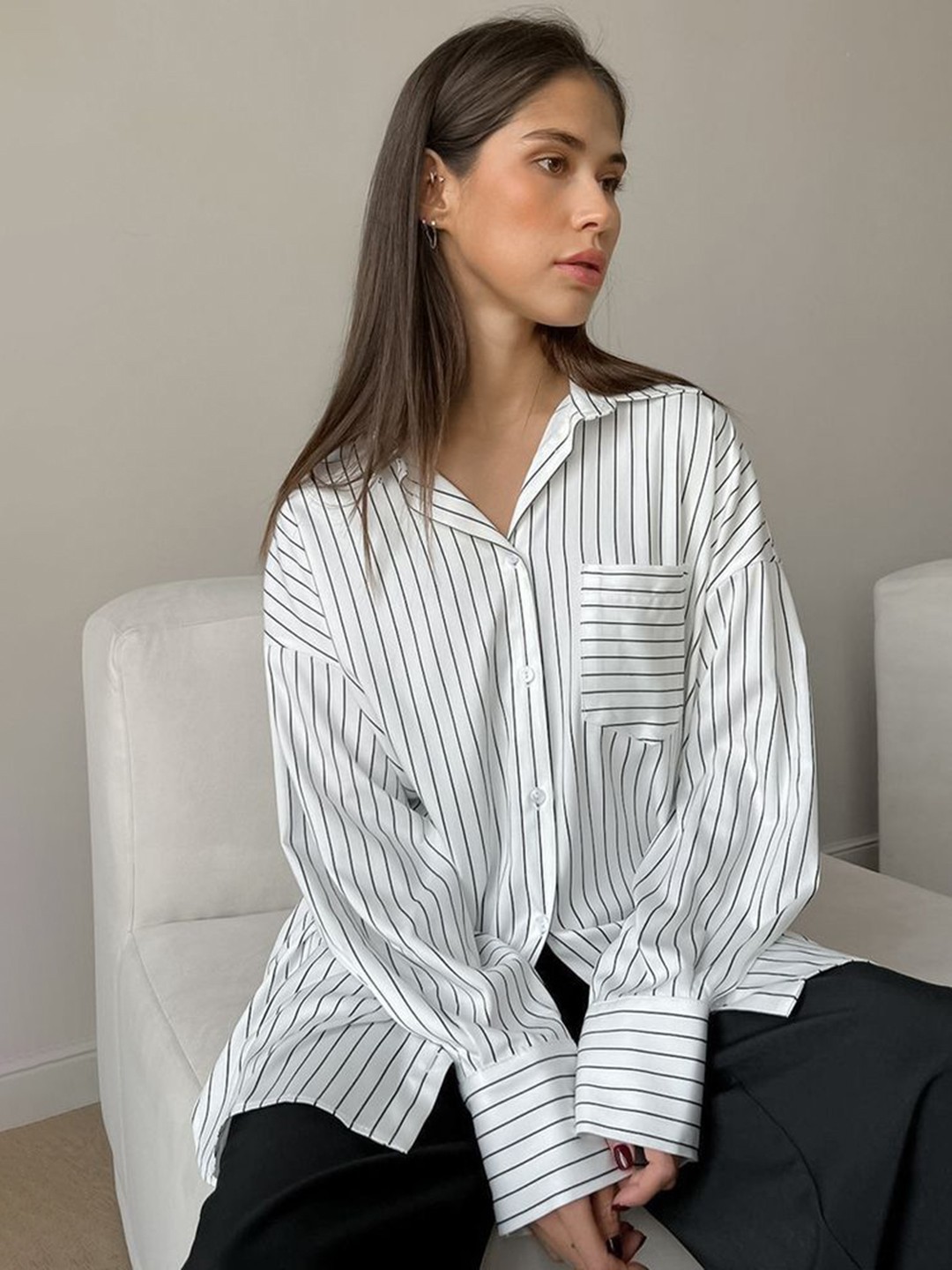 

LULU & SKY Striped Organic Cotton Shirt Style Top, White