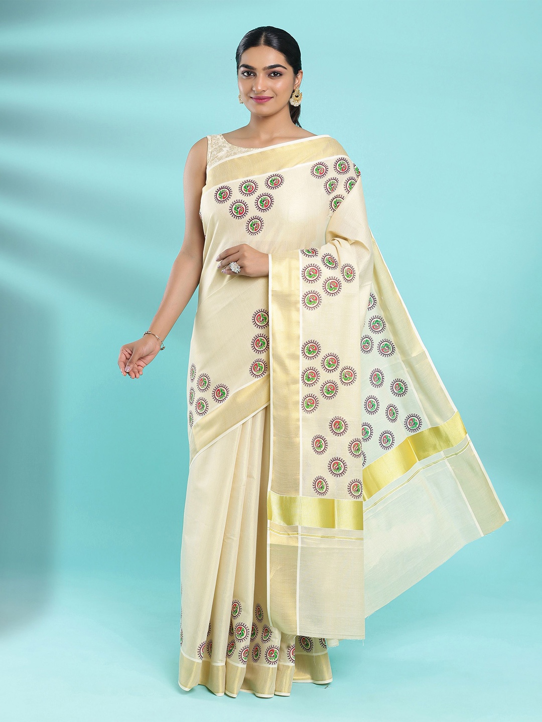 

Kalyan Silks Ethnic Motifs Zari Tissue Block Print Saree, Cream
