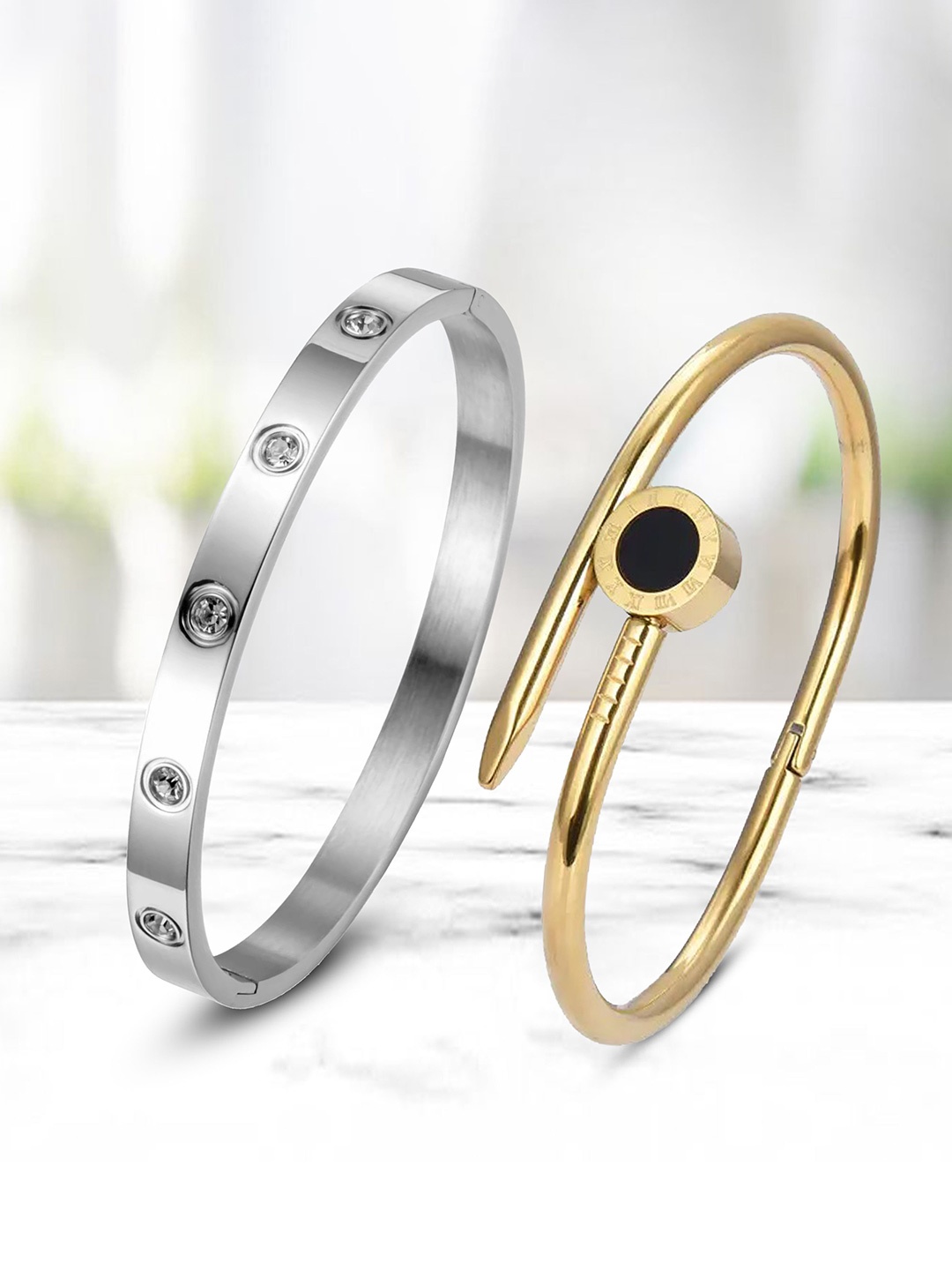 

MEENAZ Set of 2 Silver & Gold-Plated Anti Tarnish CZ-Studded Kada Bracelets