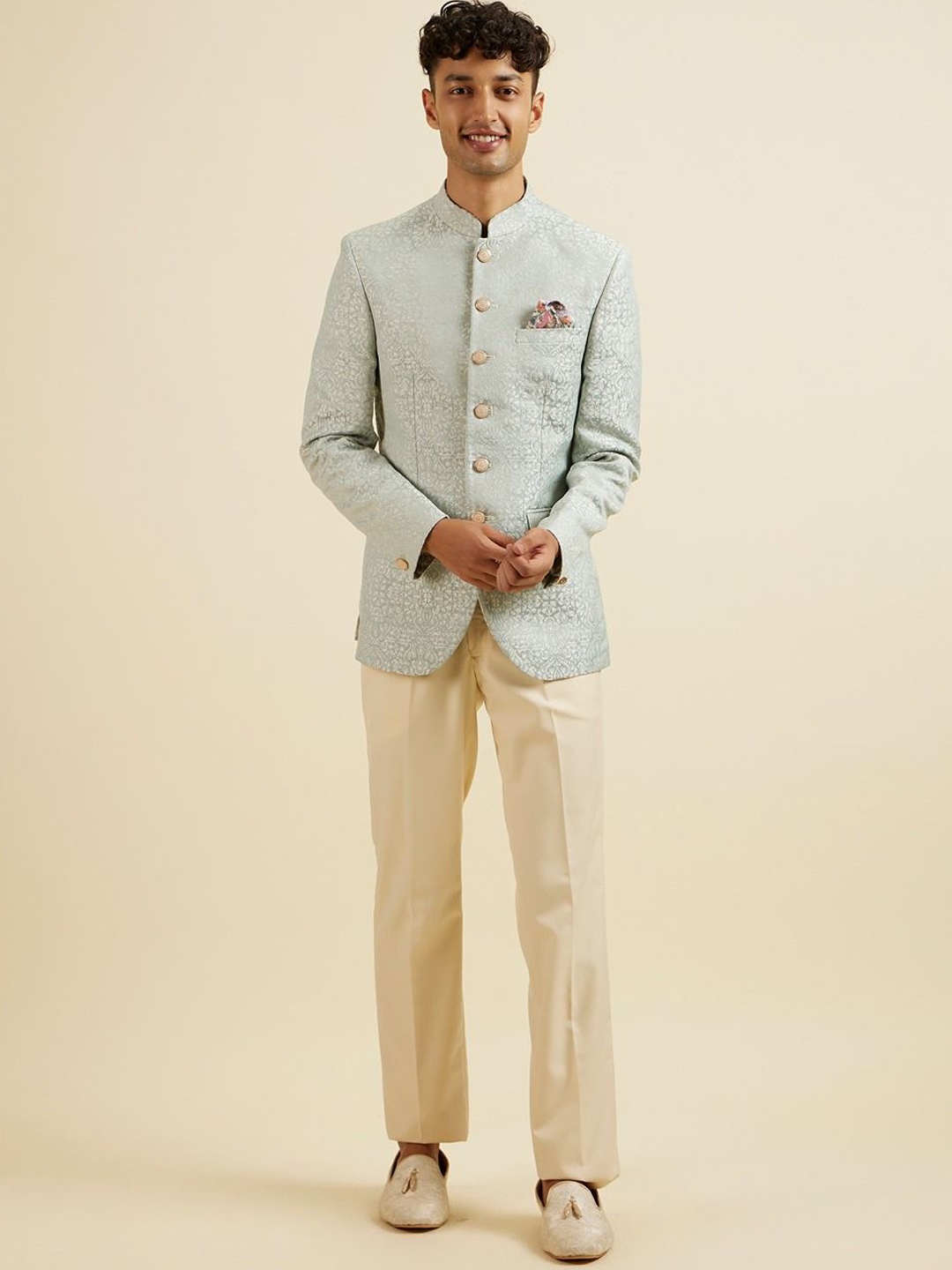 

Manyavar Self Design Tailored-Fit 3 Piece Suit, Blue