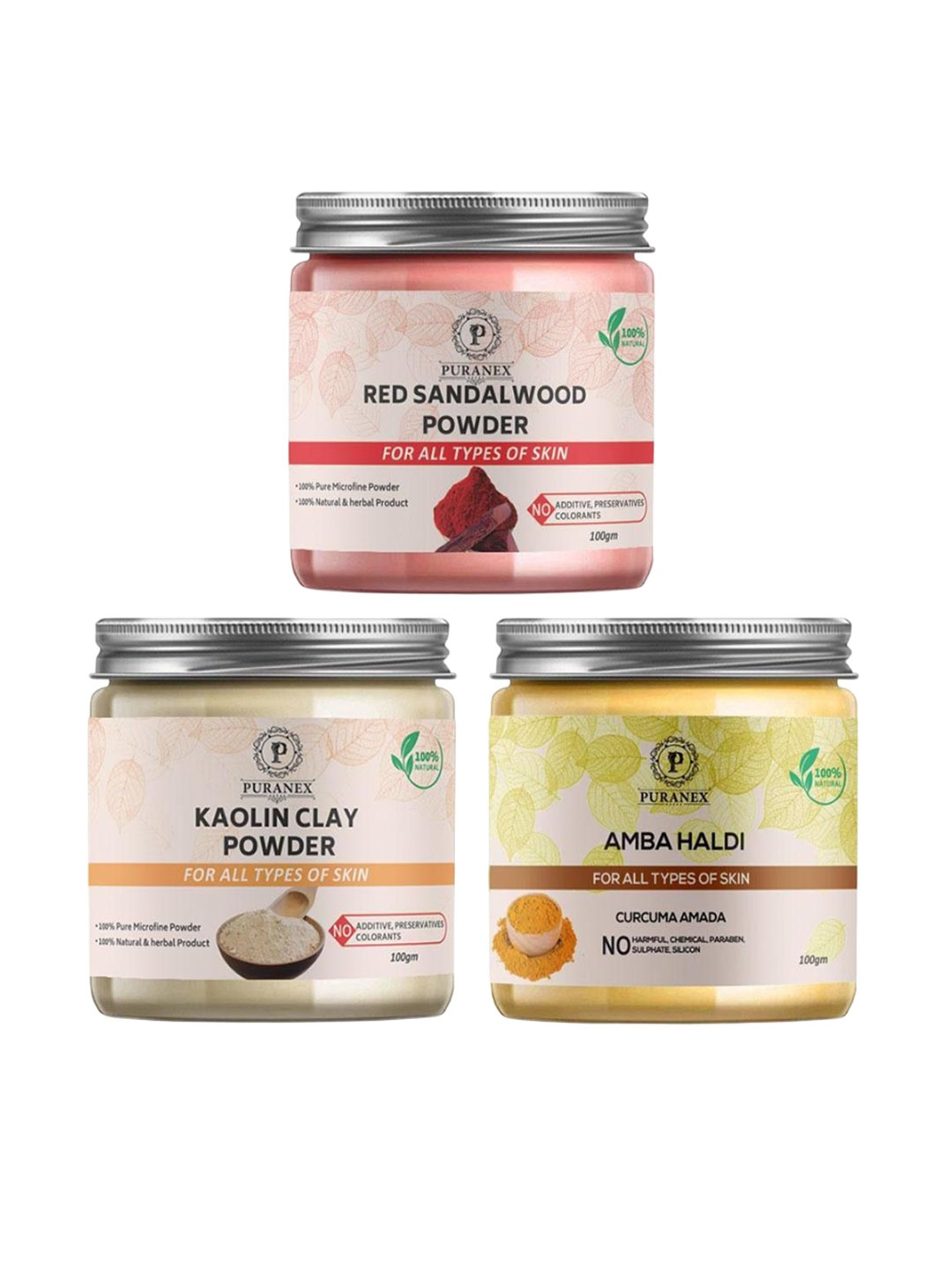 

Puranex Set Of 3 Red Sandal Wood, Kaolin Clay Powder & Amba Haldi Powder - 100 g Each, White