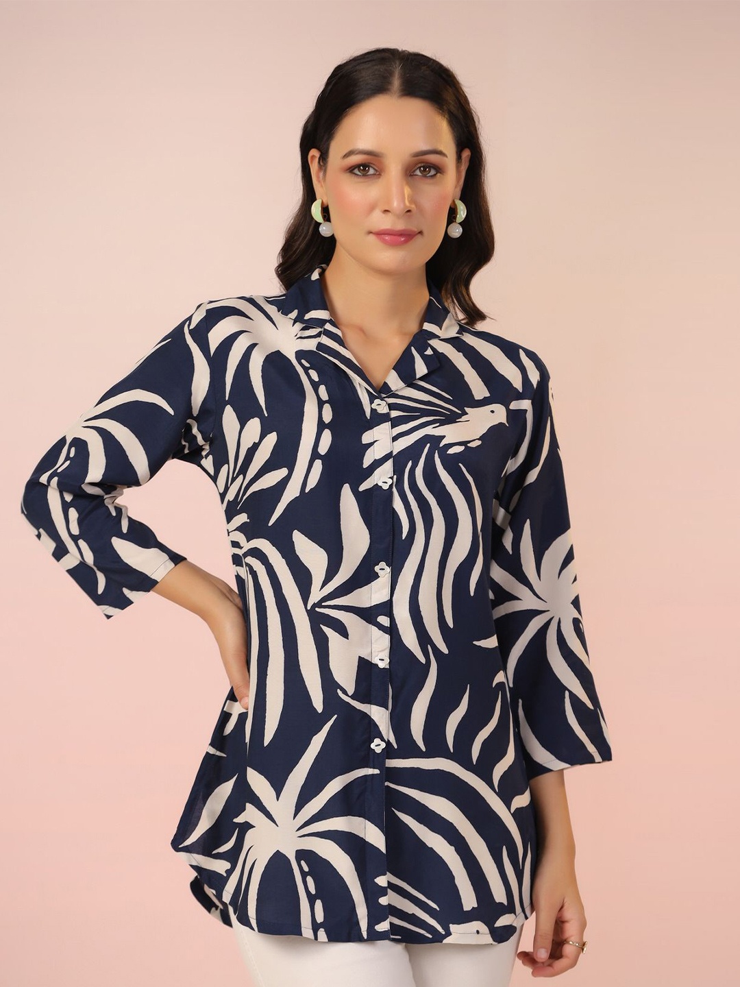 

JISORA Tropical Print Roll-Up Sleeves Pure Silk Top, Navy blue