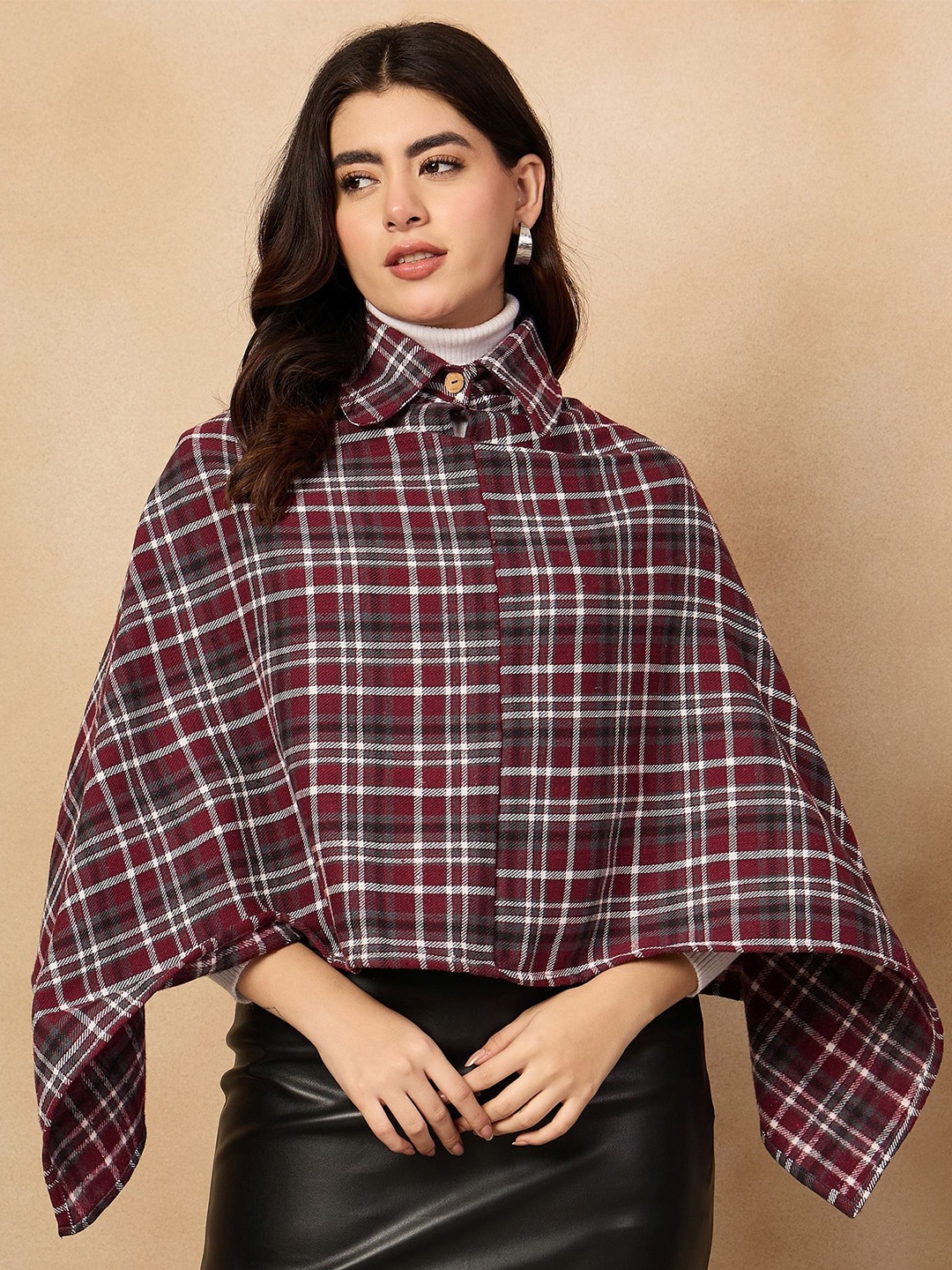 

InWeave Women Shirt Collar Acrylic Checked Poncho, Burgundy