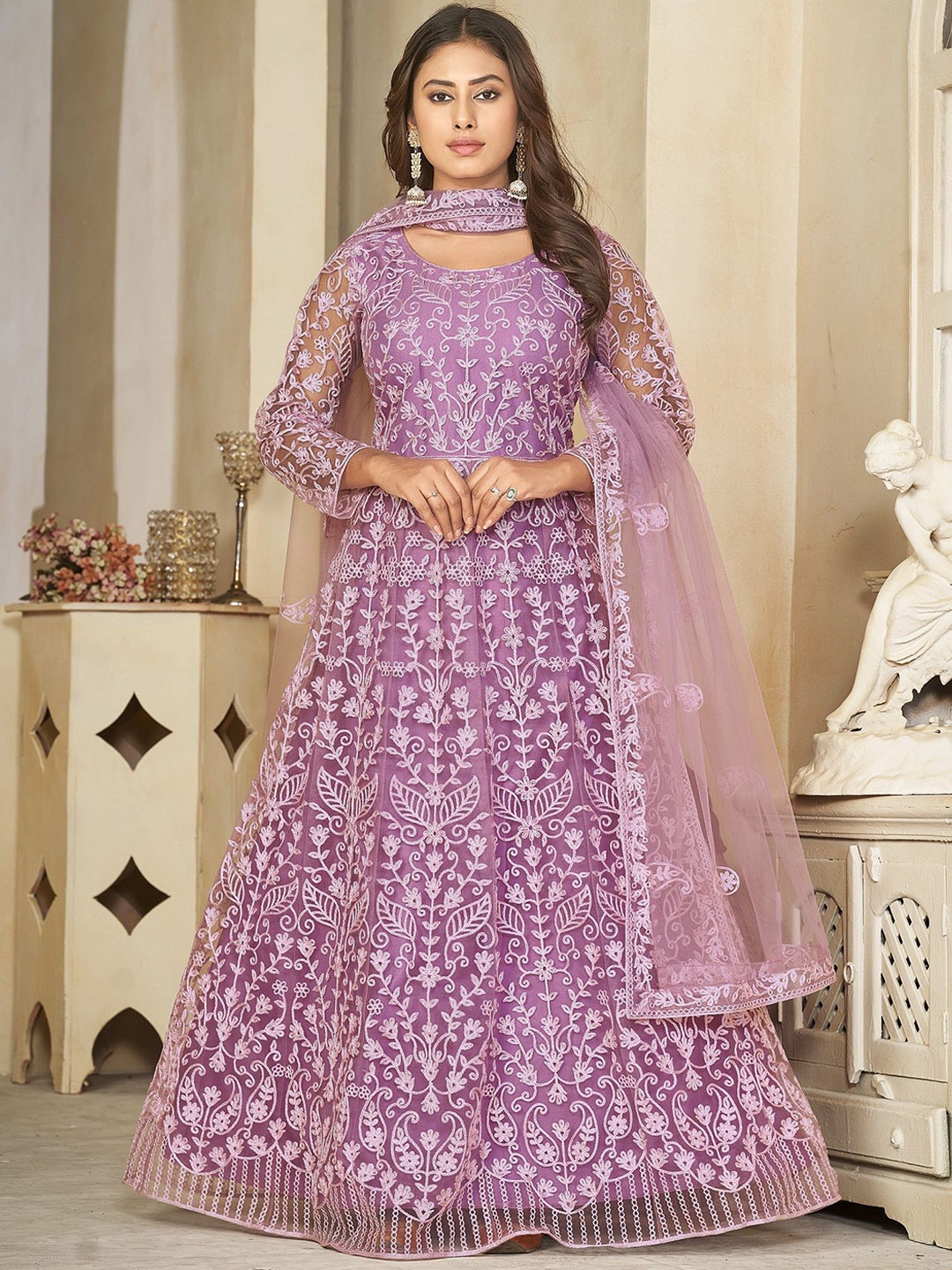 

Warthy Ent Floral Embroidered Net Semi-Stitched Dress Material, Purple