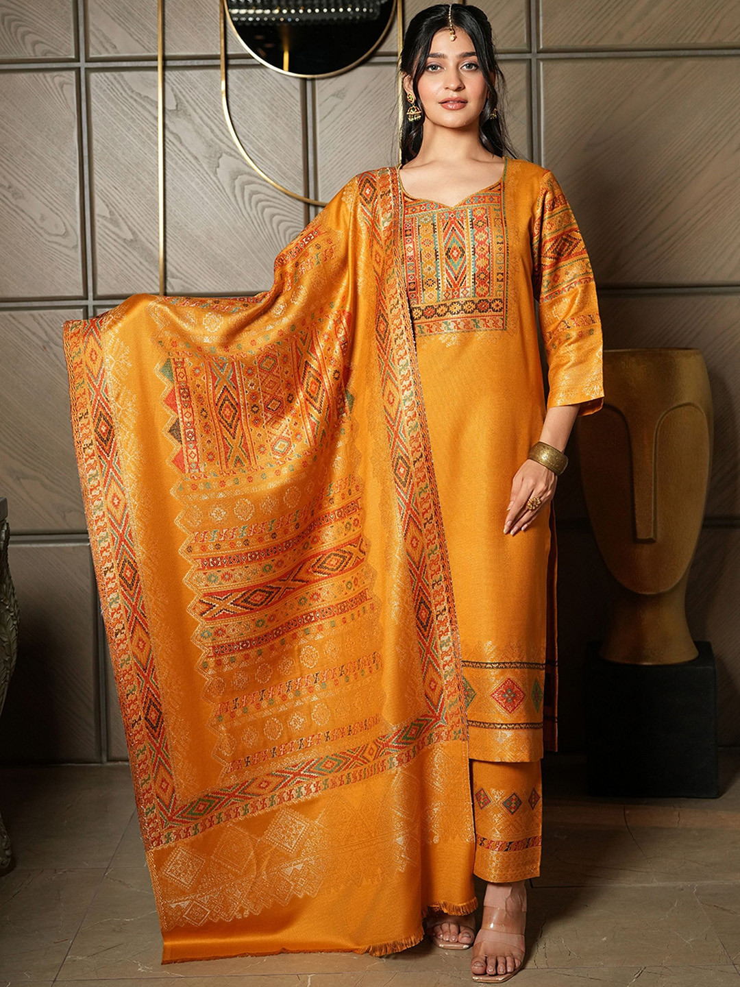 

KIDAR Sweetheart Neck Floral Woven Design Cotton Silk Kurta with Trousers & Dupatta, Mustard