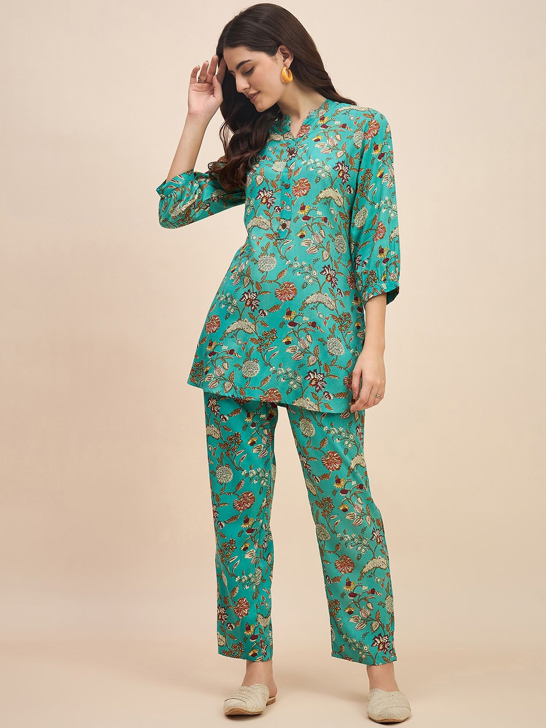 

TRUVON FASHIONS Printed V Neck Tunic & Trousers Co-Ords, Blue