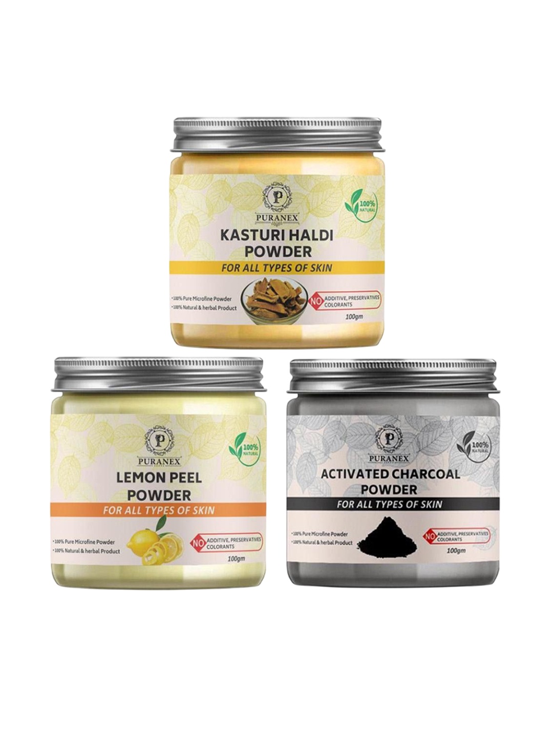 

Puranex Set Of 3 Kasturi Haldi Lemon Peel & Activated Charcoal Powder - 100 gm Each, White