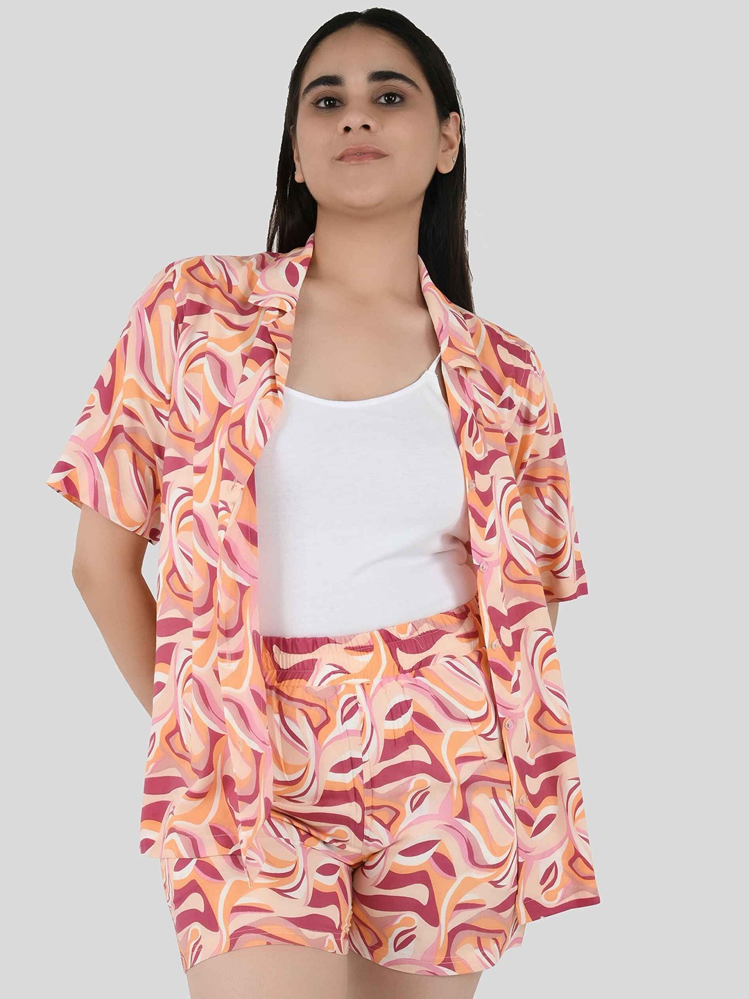 

Blissence Printed Lapel Collar Night Suit, Peach