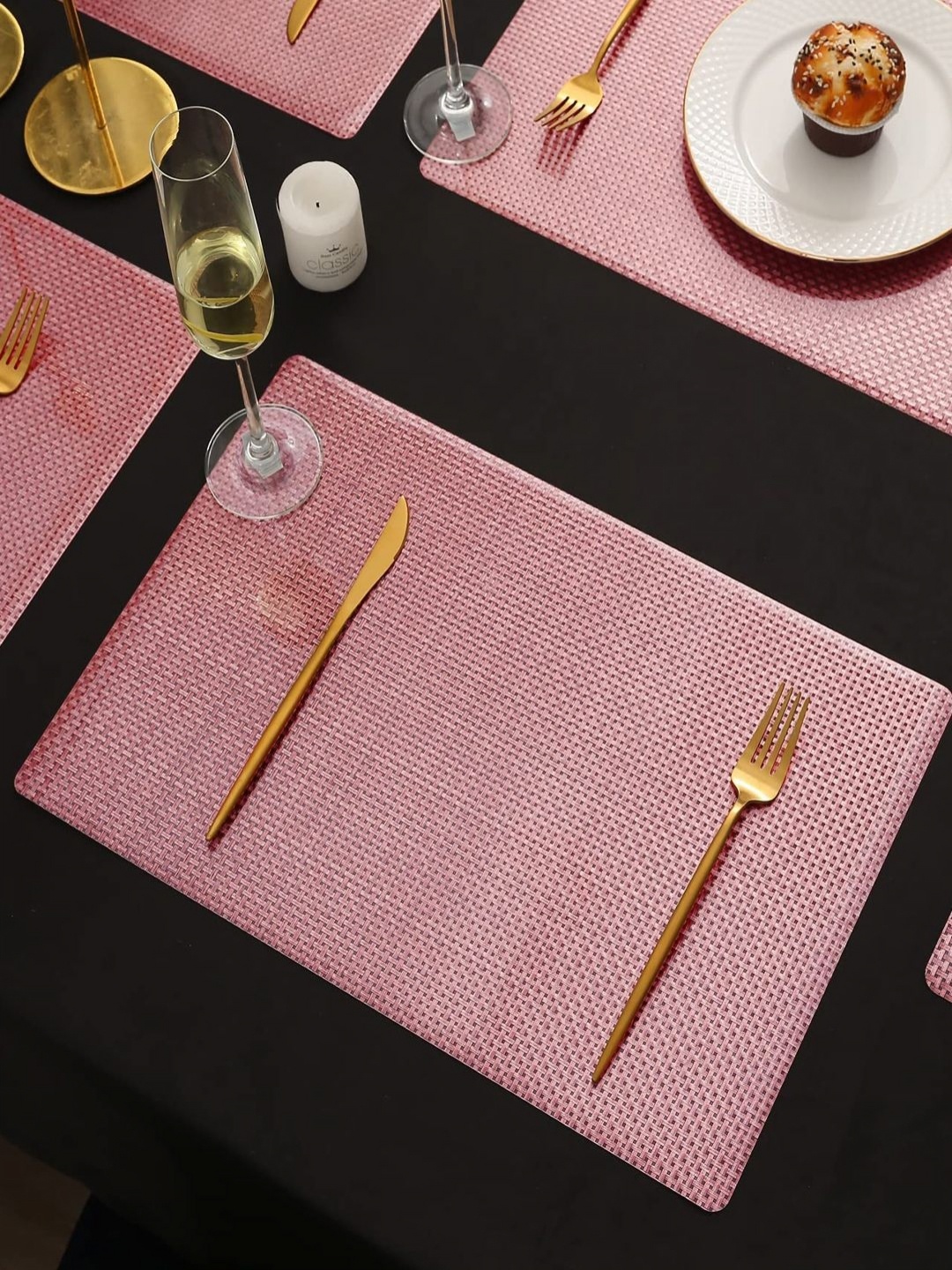 

HOKIPO Rose Gold 6 Pieces Textured Non Slip Shining Dining Table Placemats