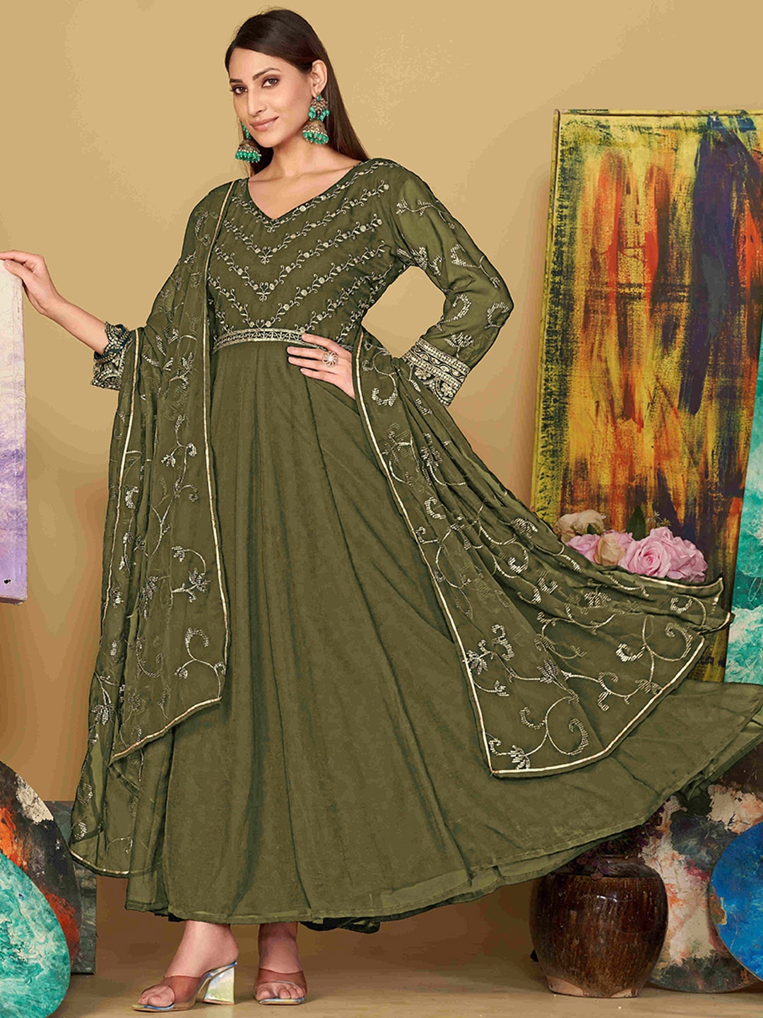 

Warthy Ent Ethnic Motifs Embroidered Sequinned Semi-Stitched Dress Material, Green
