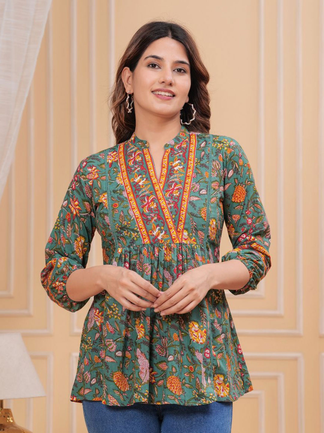 

KALINI Floral Print Mandarin Collar Cotton Top, Green